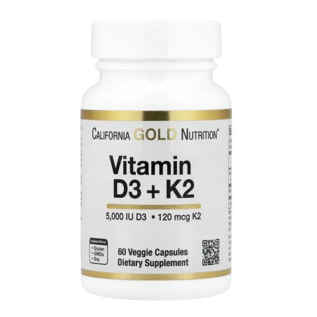 California Gold Nutrition, Vitamin D3 + K2 as MK-7, 5,000 IU D3, 120 mcg K2, 60 Veggie Capsules in Pakistan